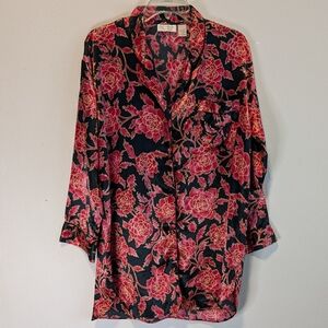 Victorias Secret Gold Label Women's Sleepshirt Medium Floral Red Black Satin Vtg